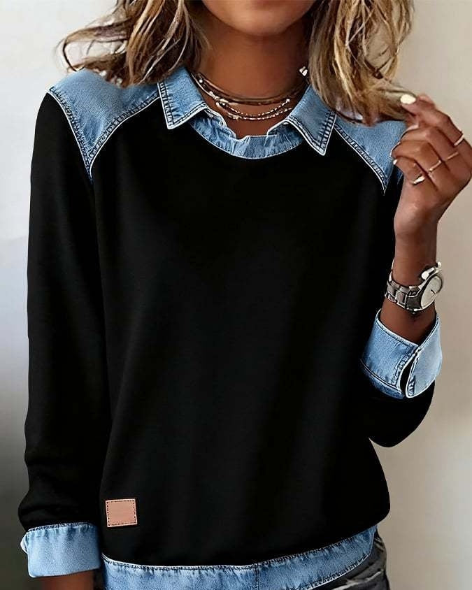 Denim Collar Patchwork Pullover Knitwear Top – Women’s Street Style FitiqueFit