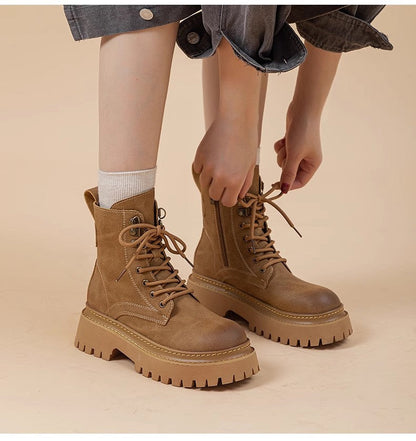 Women's Retro Chunky Heel Mid-Calf Martin Boots – Side Zipper FitiqueFit