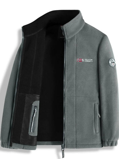 Men'S Letter Embroidery Fleece Jacket, Regular Fit Casual Long Sleeve Zip up Jacket for Fall & Winter, Men'S Outerwear for Outdoor Activities