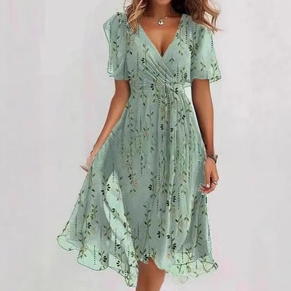 Floral Print A-Line Dress – V-Neck Short Sleeve Midi Dress FitiqueFit
