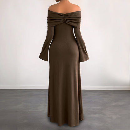 Brown Off-shoulder Slim Women's Dress Grayceful LLC