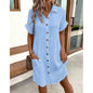 Women's Cotton Linen Shirt Dress – V-Neck Button-Front A-Line Dress FitiqueFit