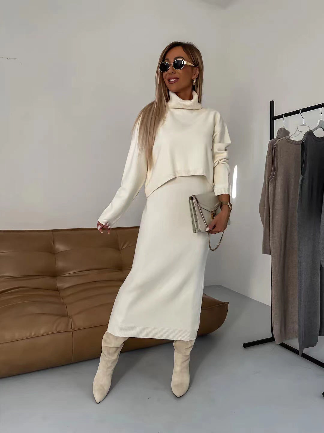 2pcs Sweater Suit Winter Fashion Turtleneck Pullover And Sleeveless Long Dress Womens Clothing Grayceful LLC