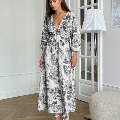 Elegant V-neck Lantern Sleeve All-matching Printed Dress Grayceful LLC