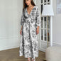 Elegant V-neck Lantern Sleeve All-matching Printed Dress Grayceful LLC
