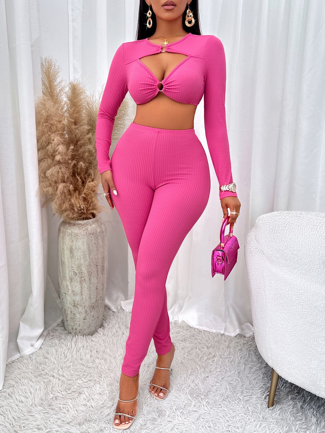 Women's Solid Color And V-neck Long Sleeve Slim-fit Pants Suit New Era Fashion LLc