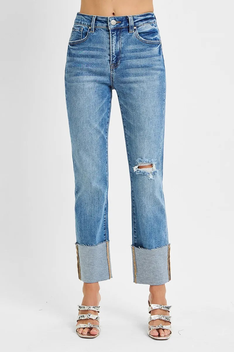 RISEN Full Size High Rise Ankle Straight Wide Cuffed Jeans Plus Size West2East Surf