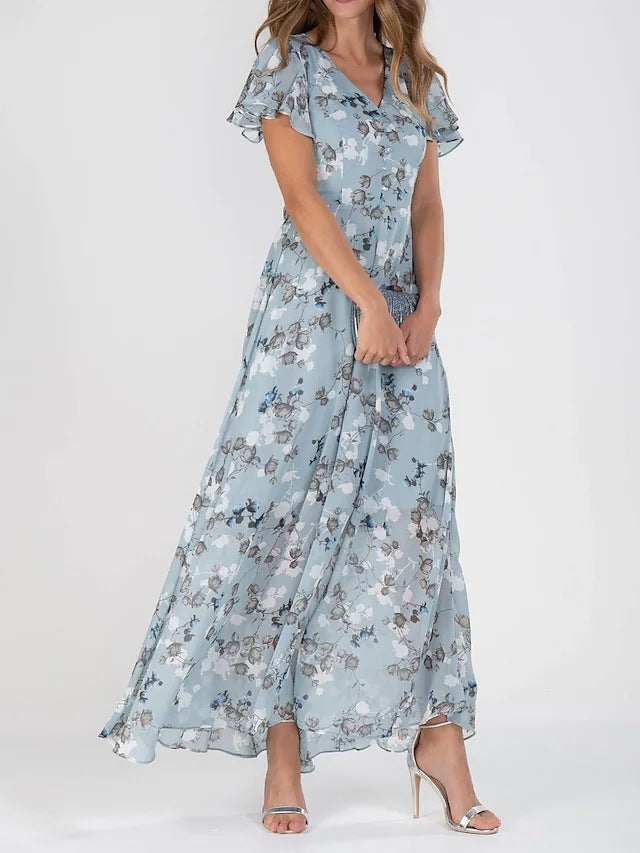 Flowers Print Short Sleeve Dress Summer Fashion Ruffle Beach Dresses Women's Clothing Grayceful LLC
