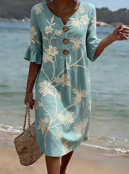 Women's Resort V-Neck Coconut Print Loose Three-Quarter Sleeve Dress FitiqueFit