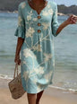 Women's Resort V-Neck Coconut Print Loose Three-Quarter Sleeve Dress FitiqueFit