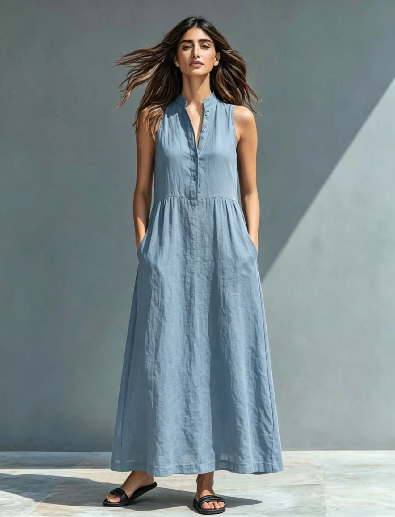 Women's Stand-Collar A-Line Maxi Dress – Resort & Vacation Style FitiqueFit