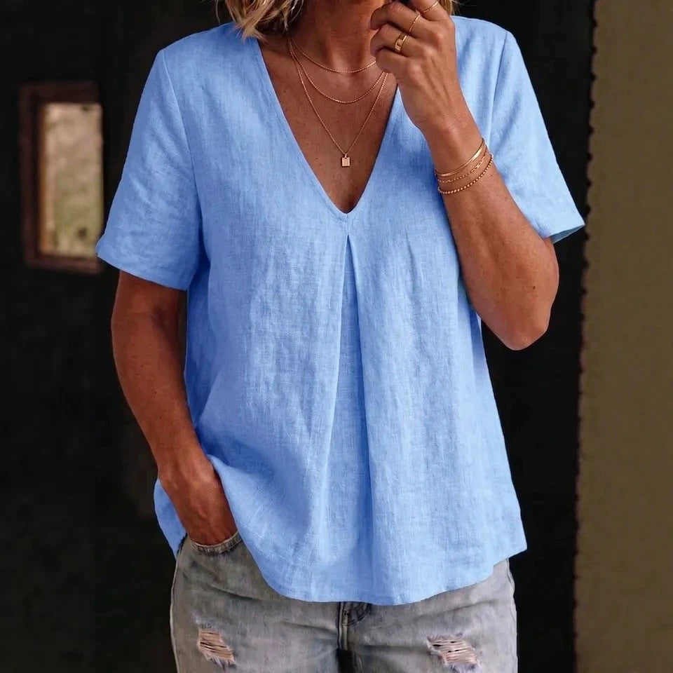 Women's Pleated Cotton-Linen Short-Sleeve Shirt – 5 Colors S–XXL FitiqueFit