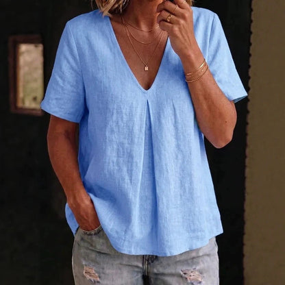 Women's Pleated Cotton-Linen Short-Sleeve Shirt – 5 Colors S–XXL FitiqueFit
