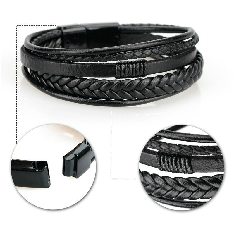 [Stylish Leather Bracelet] Stylish Durable 1pc Men's Hand-Woven Multi-Layer Leather Bracelet | with Buckle Closure, Versatile Accessory for Casual or Formal Wear NovaCart