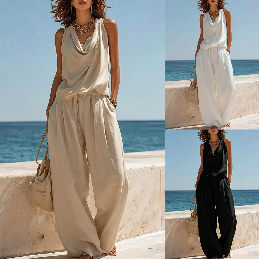 Women's Sleeveless Boat Neck Top & Wide-Leg Pants Two-Piece Set FitiqueFit