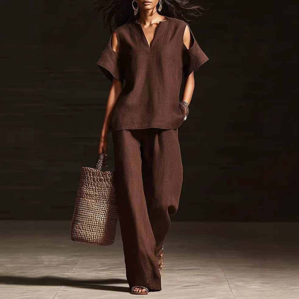 V-Neck Short Sleeve Top & Straight-Leg Pants Set – Ripped Detail, Pockets, Solid Color FitiqueFit