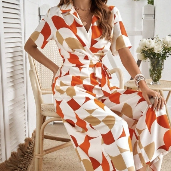 Women's Geometric Print Lace-Up Shirt Jumpsuit – Wide-Leg High-Waist Boho FitiqueFit