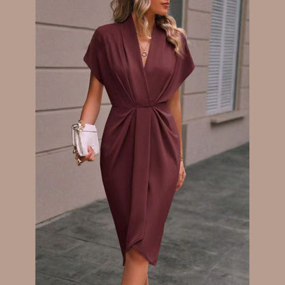 Batwing Sleeve Dress V-neck Short Sleeve Pleated Dresses Grayceful LLC