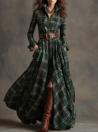 Women's Plus Size Plaid Print Long Sleeve Shirt Dress with Pockets FitiqueFit