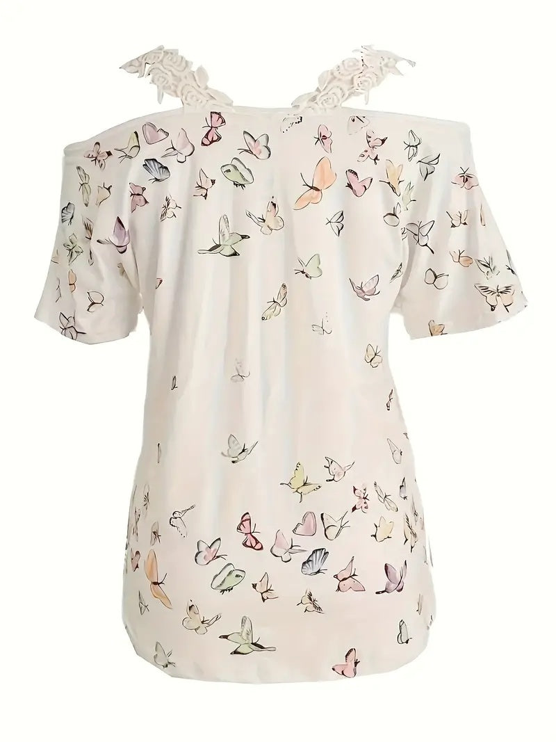 🦋 Vibrant Butterfly Lace Off-Shoulder V-Neck Tee FitiqueFit