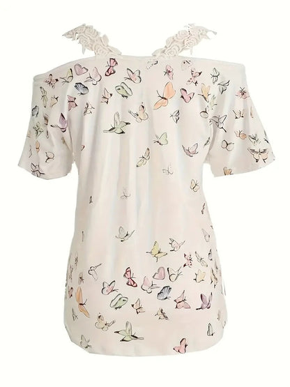 🦋 Vibrant Butterfly Lace Off-Shoulder V-Neck Tee FitiqueFit