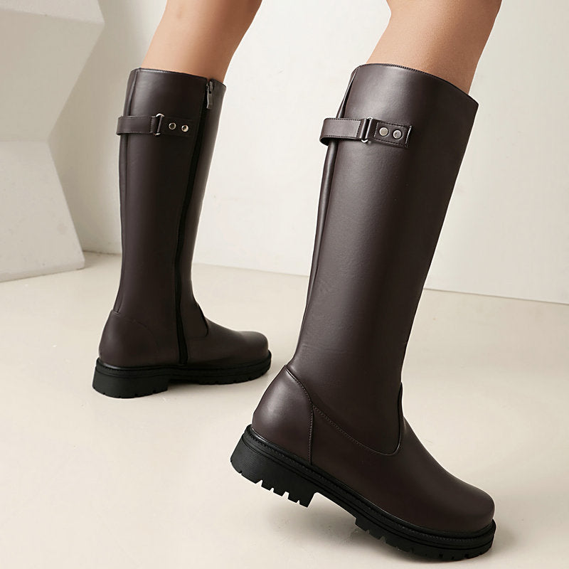 Women’s Retro British-Style Riding Boots – Leather Belt Buckle Knee Boots FitiqueFit