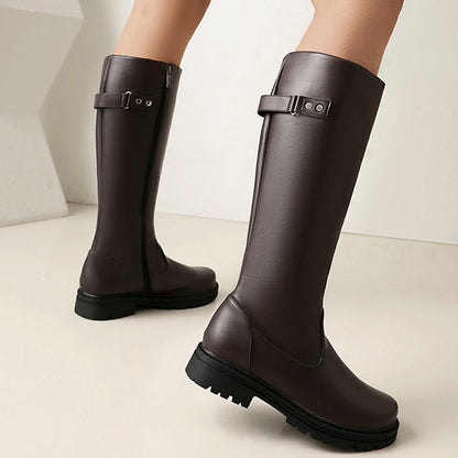 Women’s Retro British-Style Riding Boots – Leather Belt Buckle Knee Boots FitiqueFit