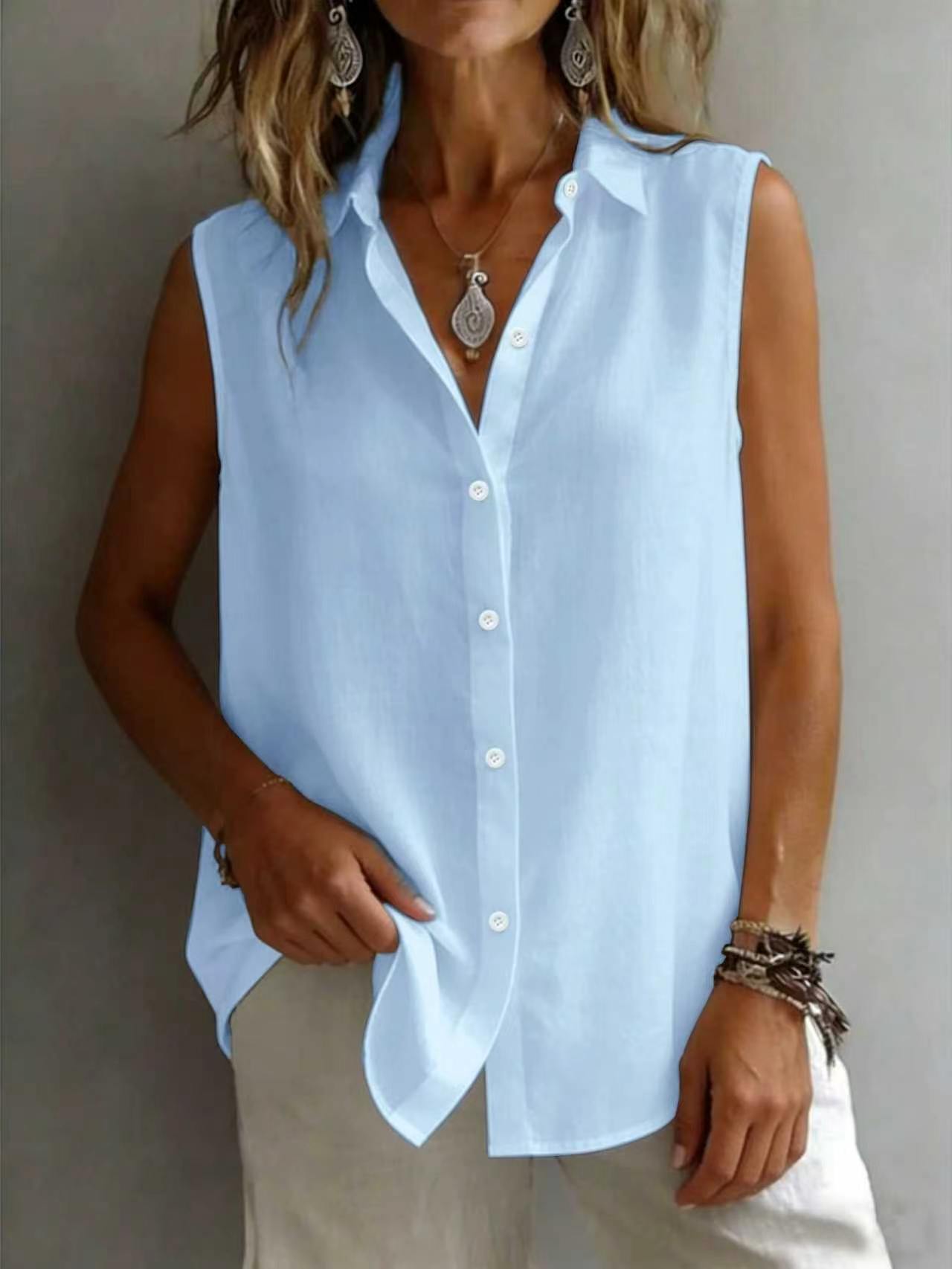 Women's Solid Color Lapel Sleeveless Top FitiqueFit