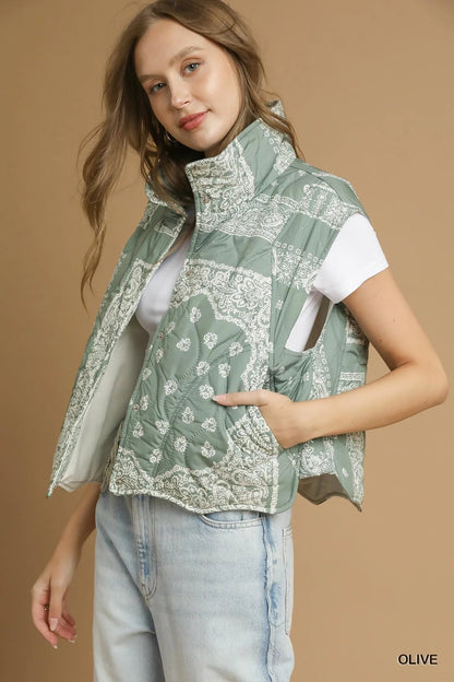 Umgee Bandana Print Quilted Puffer Vest West2East Surf