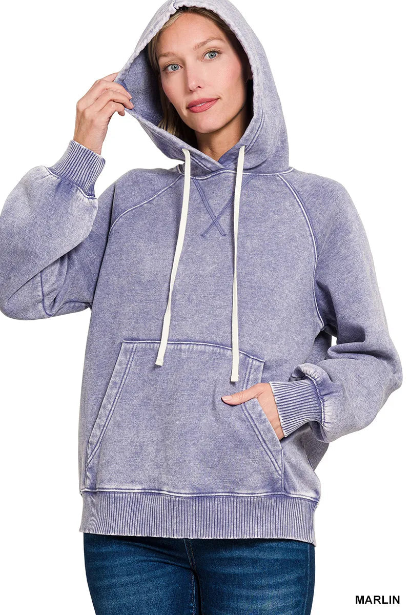 Zenana Acid Wash Fleece Hoodie with Kangaroo Pocket West2East Surf
