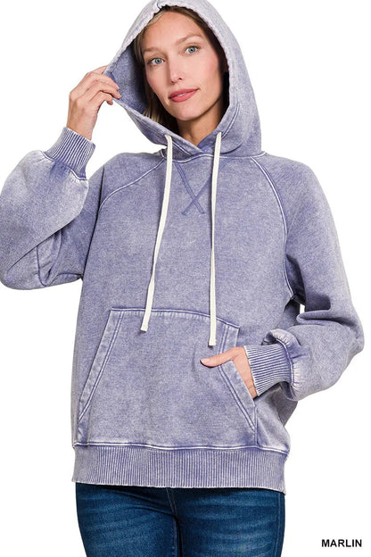 Zenana Acid Wash Fleece Hoodie with Kangaroo Pocket West2East Surf