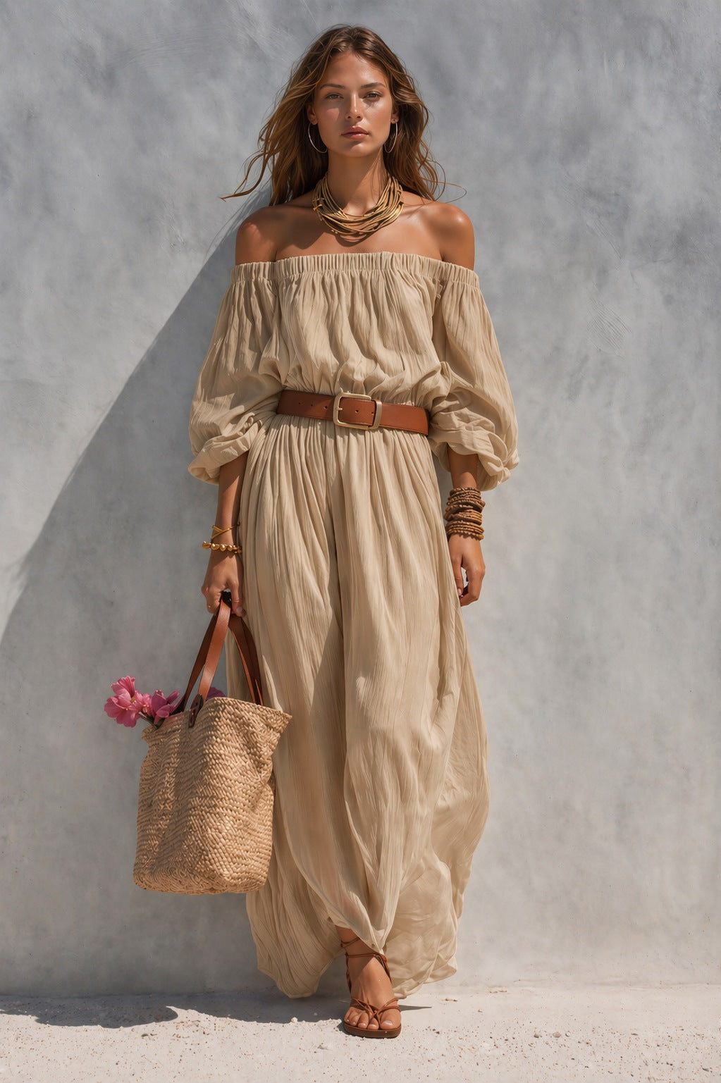 Women's Boat-Neck Sleeveless Cotton-Linen Maxi Dress FitiqueFit