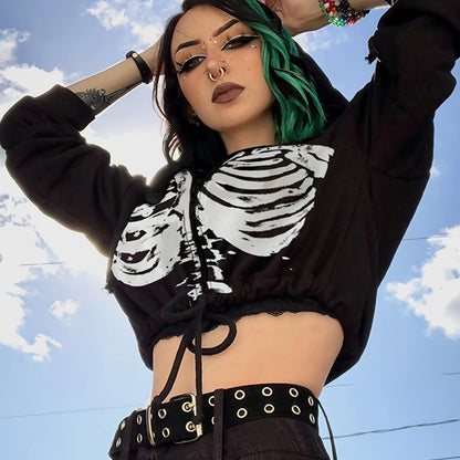 [Fashion Short Sleeve] Gothic Skull Print Women's Casual Hoodie | Long Sleeve Drawstring Top NovaCart