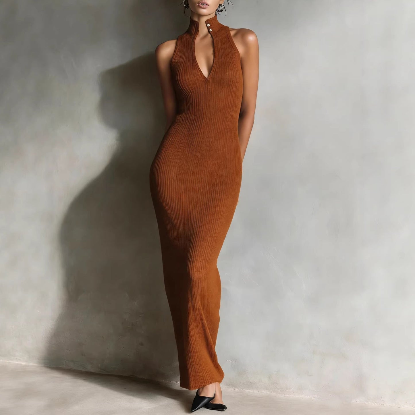 Women’s Sleeveless High-Neck Dress – Waist-Cinching Elegant Fit FitiqueFit