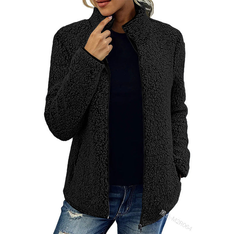 Fall Winter Warm Sweatshirt Stand Collar Solid Color Top Sweater Women's Casual Fashion Long Sleeve Zipper Bubble Velvet Coat Tops Grayceful LLC