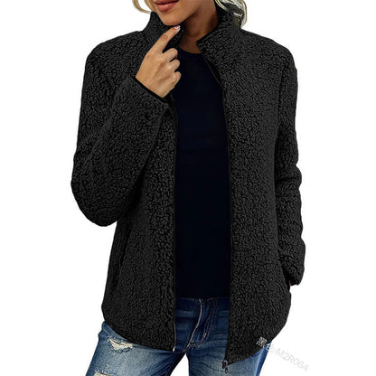 Fall Winter Warm Sweatshirt Stand Collar Solid Color Top Sweater Women's Casual Fashion Long Sleeve Zipper Bubble Velvet Coat Tops Grayceful LLC