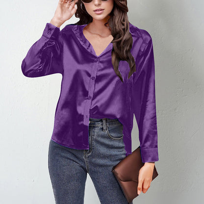 Women’s Satin Lapel Button-Down Blouse FitiqueFit