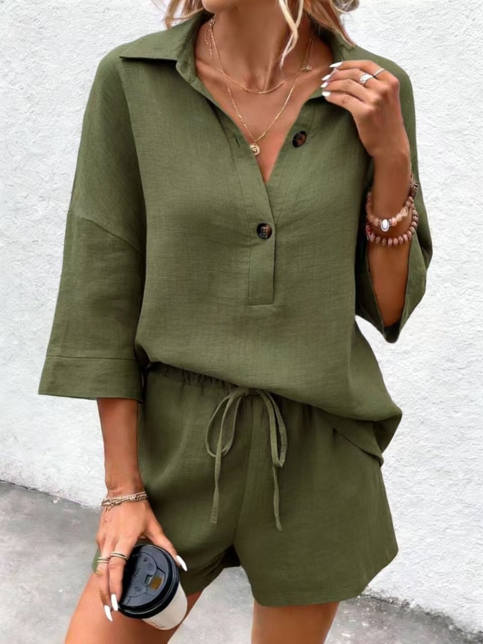 Women's Notch-Lapel Short-Sleeve Top & Belted Shorts Two-Piece Set FitiqueFit