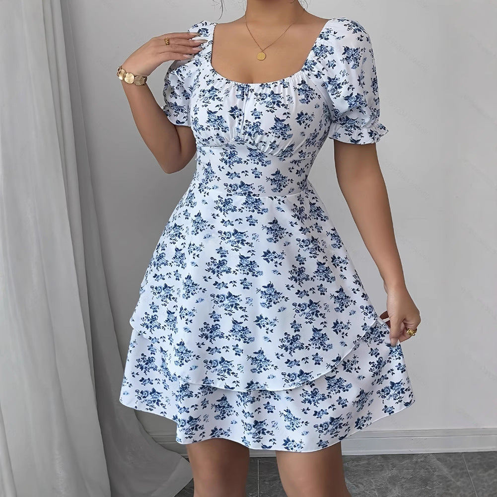 Ditsy Floral High Waist Flared Midi Dress – Short Sleeve Backless Summer Dress FitiqueFit