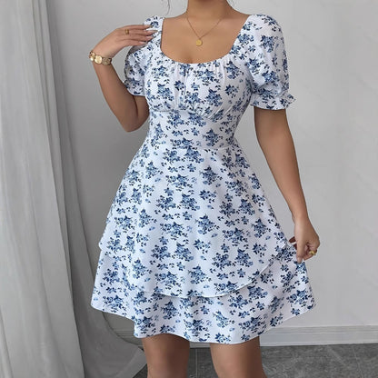 Ditsy Floral High Waist Flared Midi Dress – Short Sleeve Backless Summer Dress FitiqueFit