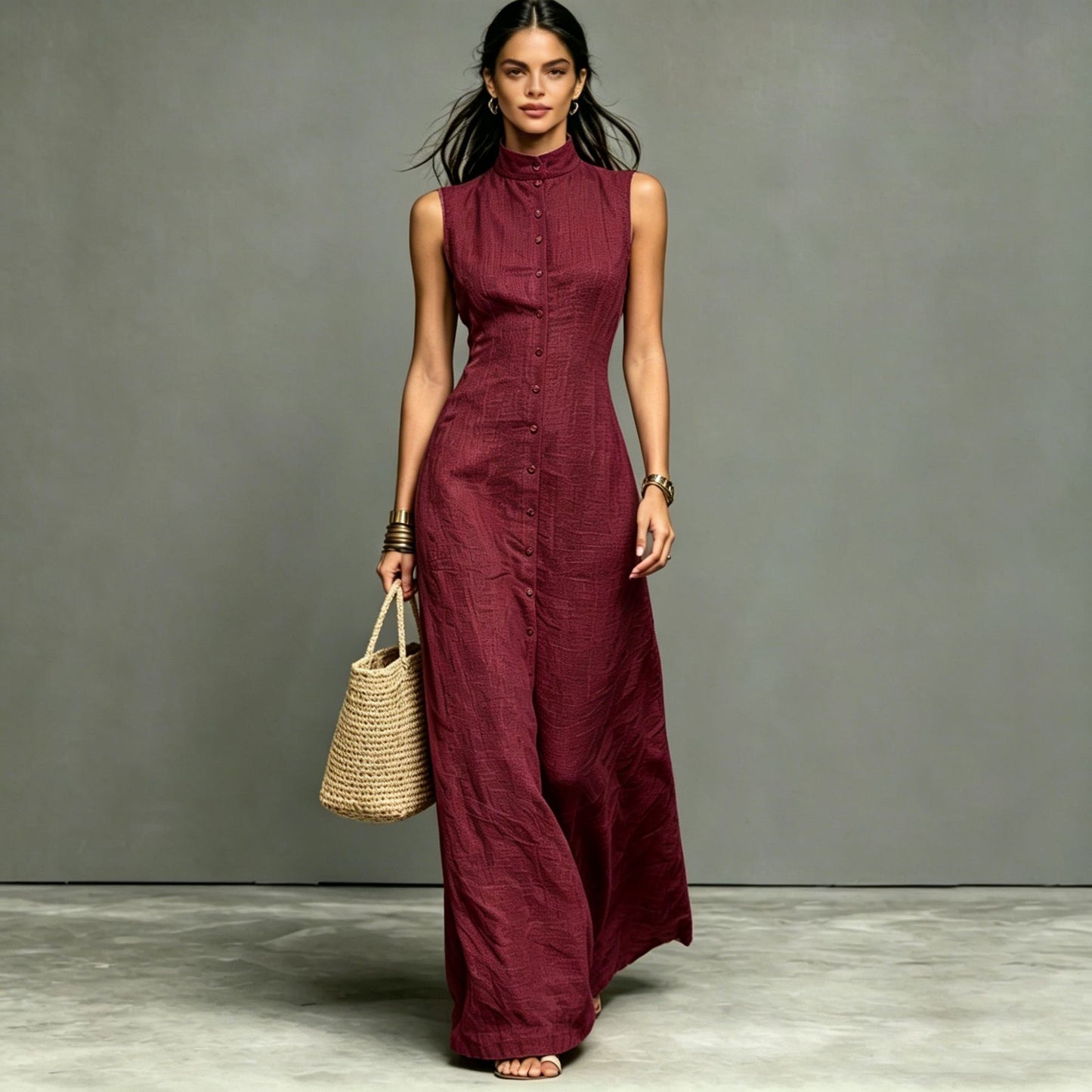 Women's Stand-Collar Single-Breasted Sleeveless Midi Dress FitiqueFit