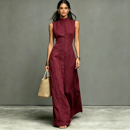 Women's Stand-Collar Single-Breasted Sleeveless Midi Dress FitiqueFit