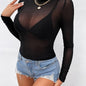Solid Mesh Sheer T-Shirt, Casual Turtle Neck Long Sleeve T-Shirt, Casual Every Day Tops, Women's Clothing NovaCart