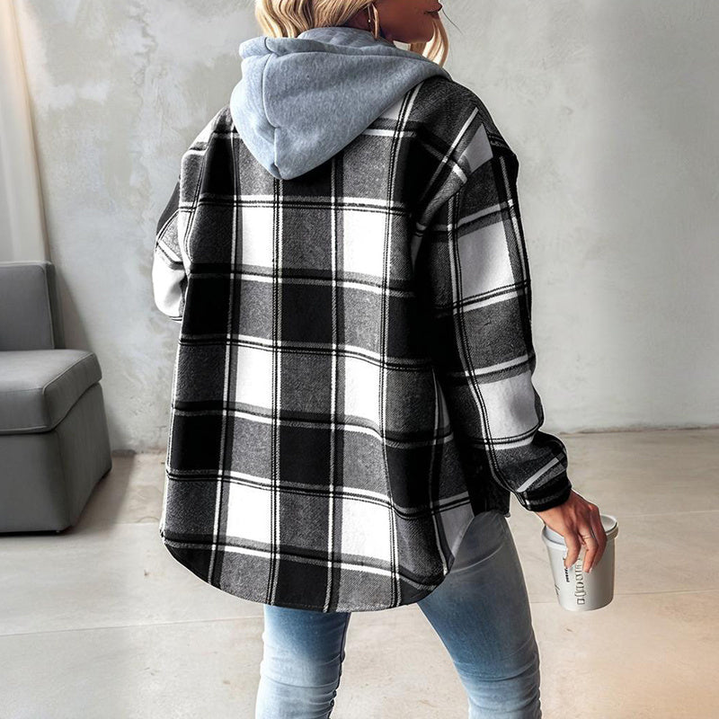 Women's Plaid Hoodie Long Sleeve Jacket With Pocket FitiqueFit