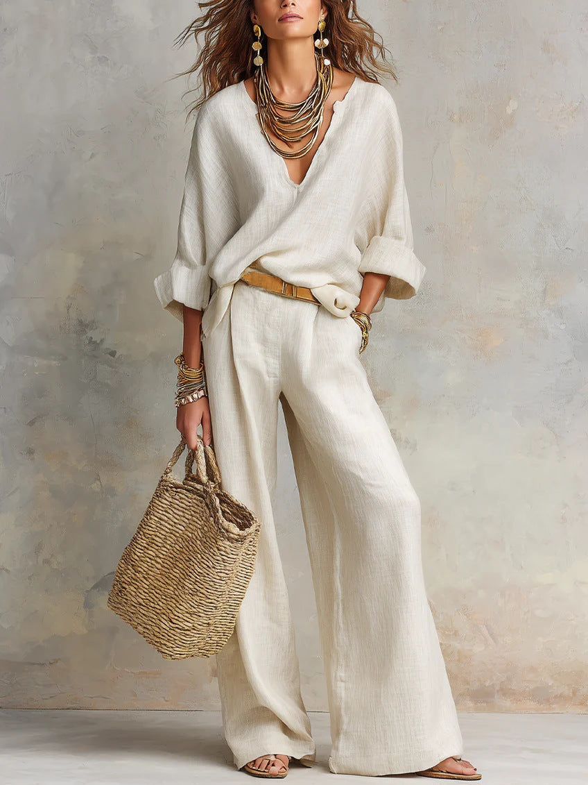 Women's Casual Linen Vacation Set – Three-Quarter Sleeve Top & Full-Length Pants FitiqueFit