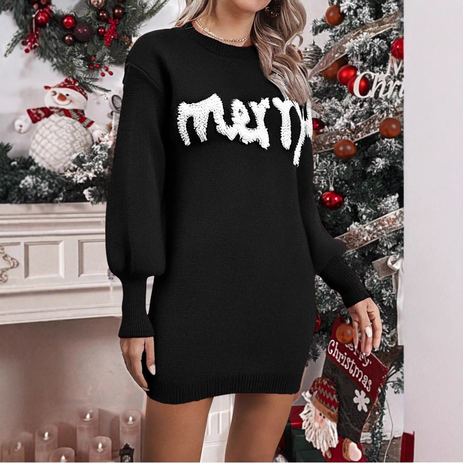 Women’s Knitted Round Neck Lantern-Sleeve Pullover Sheath FitiqueFit