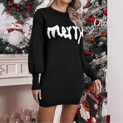 Women’s Knitted Round Neck Lantern-Sleeve Pullover Sheath FitiqueFit