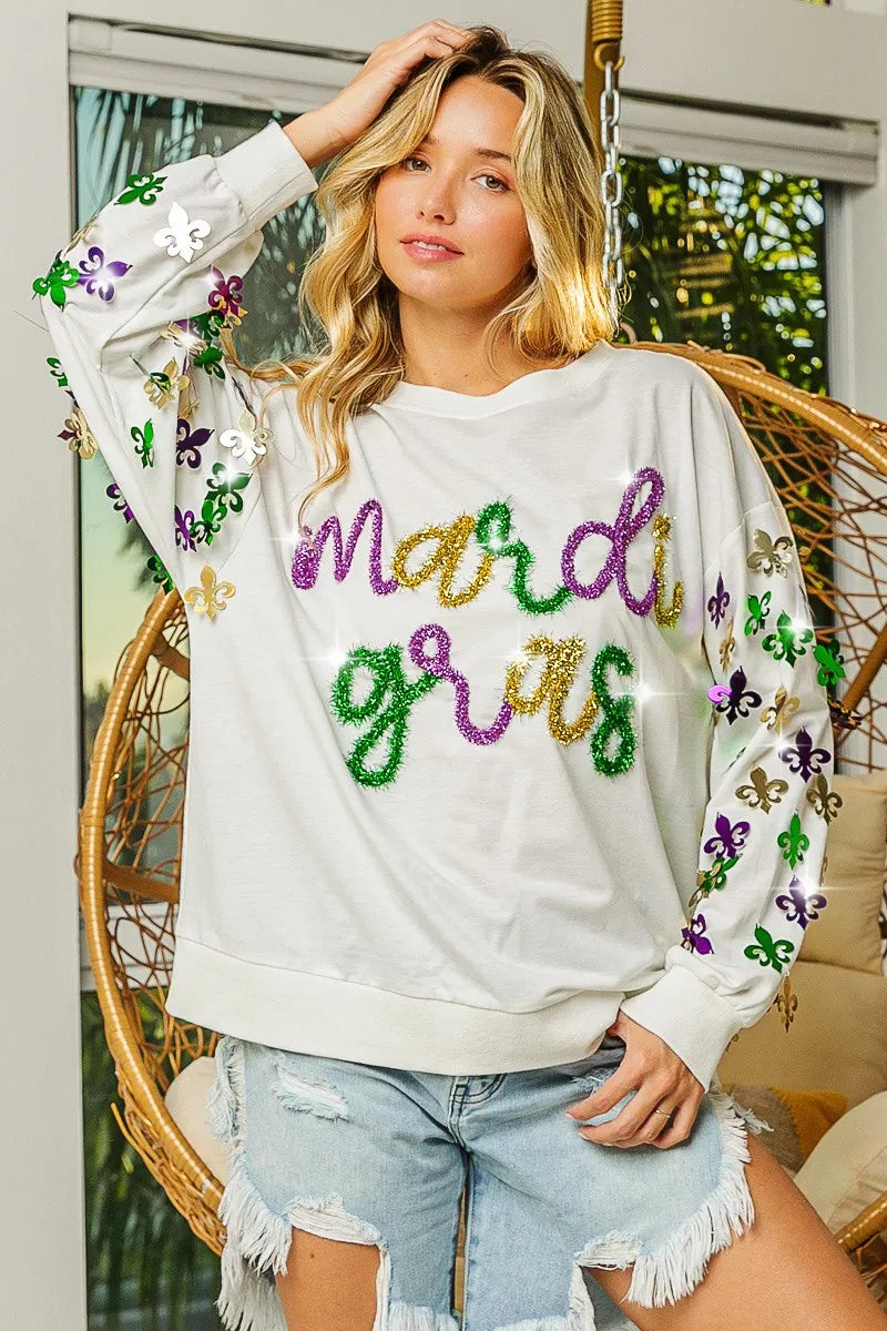 BiBi Fleur De Lis Sleeve Mardi Gras Pullover FitiqueFit