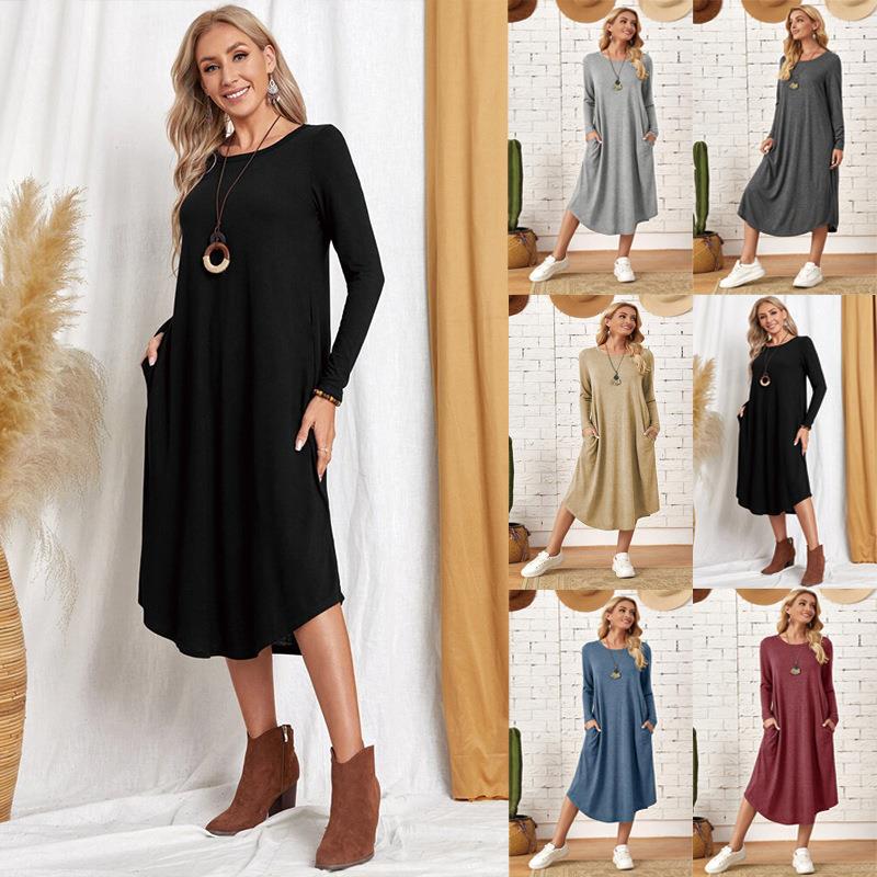 Women's Cotton Maxi Dress – Solid Color Long Sleeve A-Line with Pockets FitiqueFit