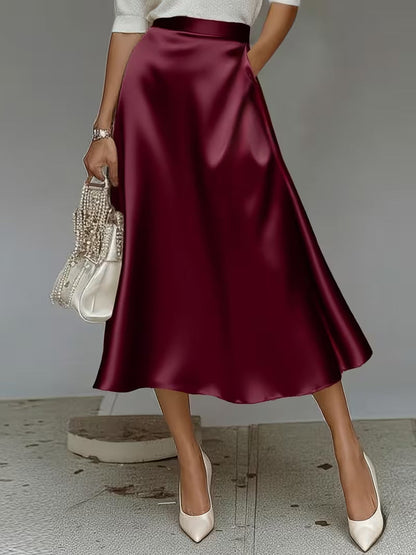 Women's Satin Solid Color Mid-Length Skirt – Slight Stretch FitiqueFit